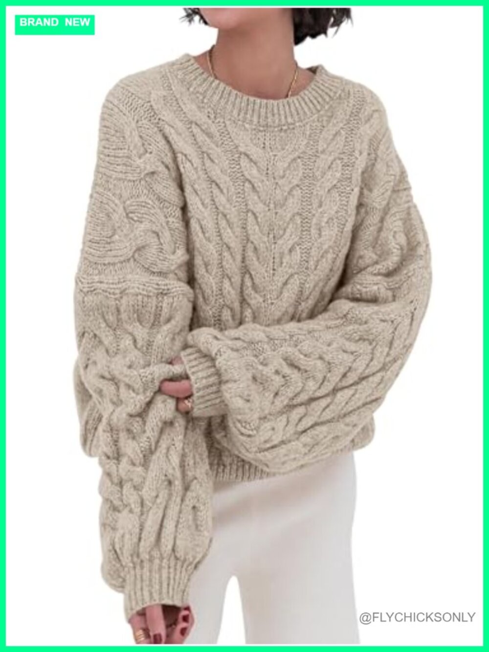 Womens Cable Knit Oversized Crewneck Long Sleeve Chunky Pullover Sweater